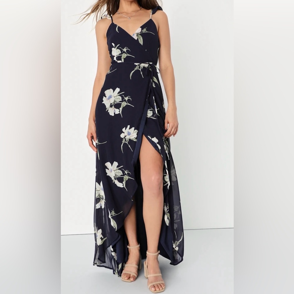 Navy Blue Floral Print High-Low Wrap Dress